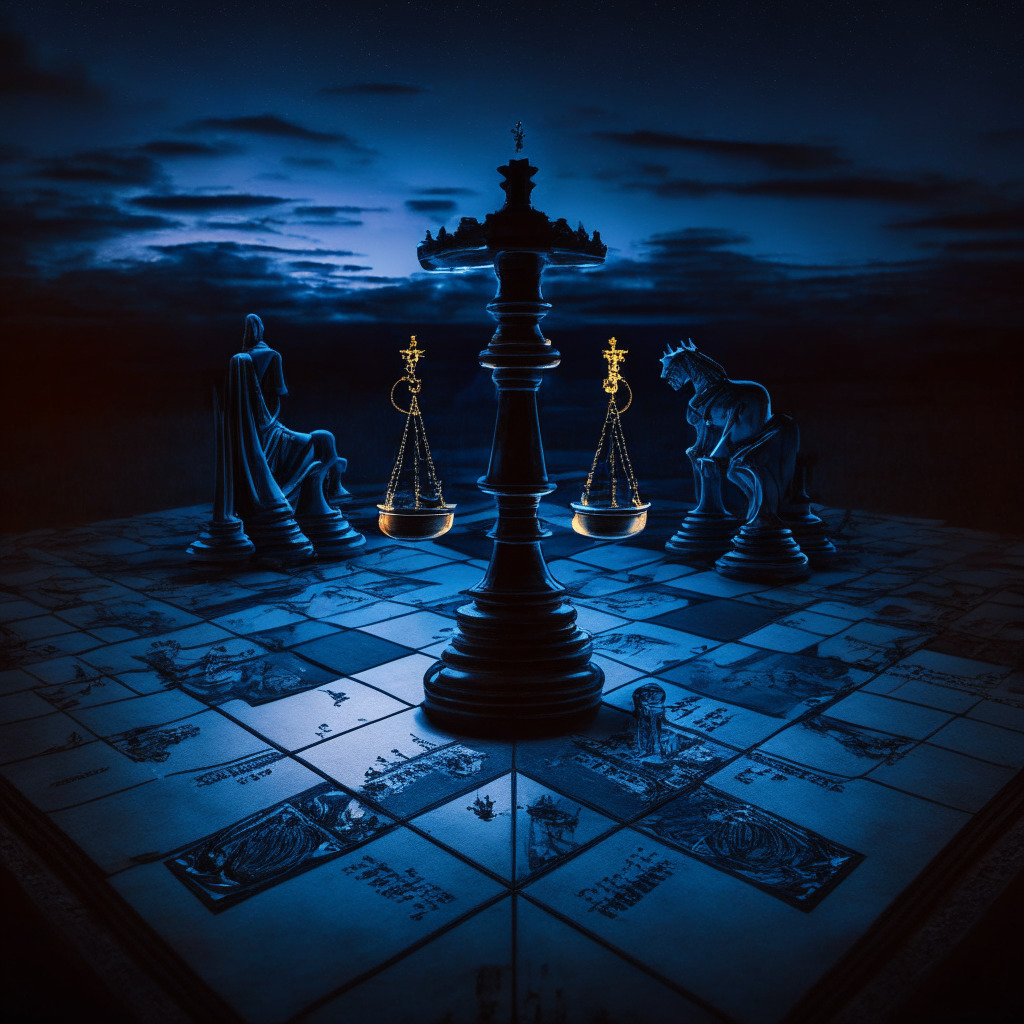 Justice scales on a crypto-themed chessboard under an enigmatic twilight sky, symbolizing a legal dispute within the world of cryptocurrency. Chess pieces represent various DeFi entities, kings as major participants, and pawns as individual investors. In the center is a dismissed court paper, subtly conveying defeat. Immersed in a neo-noir mood with low-key lighting and high contrast.