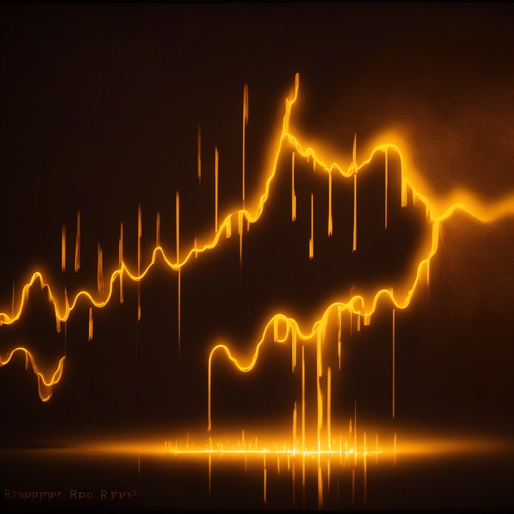 An abstract representation of anxiety in the DeFi markets, featuring a symbolic curve to depict price fluctuations. The scene is bathed in an atmospheric moody light, showing Uniswap rising high with shining lights, yet accompanied by sharp shadows symbolising possible downside risks. In a contrasting corner, illustrate XRP20 as a small flickering flame, symbolising potential growth, set within a cold-toned environment illustrating the high-risk nature.