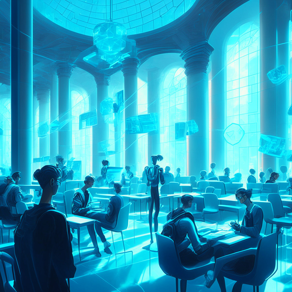 A vibrant scene in a futuristic university setting under soft blue light, showcasing a diverse group of students engaged in holographic studies of Web3 technologies like decentralized finance, liquid staking derivatives, AI and zero-knowledge proofs. The atmosphere is filled with curiosity and optimism, yet a hint of skepticism. Art style is neoclassical interpretive with a feel of technology interpretation.