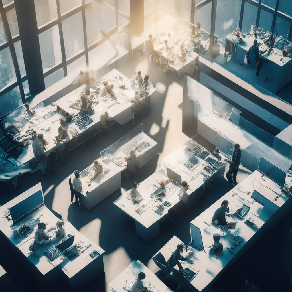 A bustling, modern office environment viewed from above, bathed in soft morning light. Numerous professionals are engaged in various tasks: a developer scrutinizing blockchain codes on a holographic display, a recruiter scanning 3D profiles, a content creator brainstorming under a spark of light, and a project manager orchestrating resources on digital screens. Ethereal code streams, stemming from a central, glowing AI source labelled ChatGPT, connecting and aiding these professionals in their tasks. The mood is serene yet dynamic, hinting at a futuristic Renaissance, filled with potential and innovation.