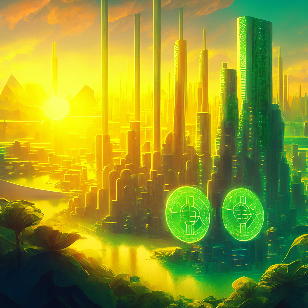 A futuristic green cityscape powered by renewable energy and interconnected systems, stacks of Bitcoins showcase the revolutionary potential of Bitcoin mining in the energy sector. The artistic style vibrant and luminous, depicting the setting sun casting long, faint shadows to signify hope for a sustainable future. Mood is optimistic, capturing the cusp of a greener revolution.