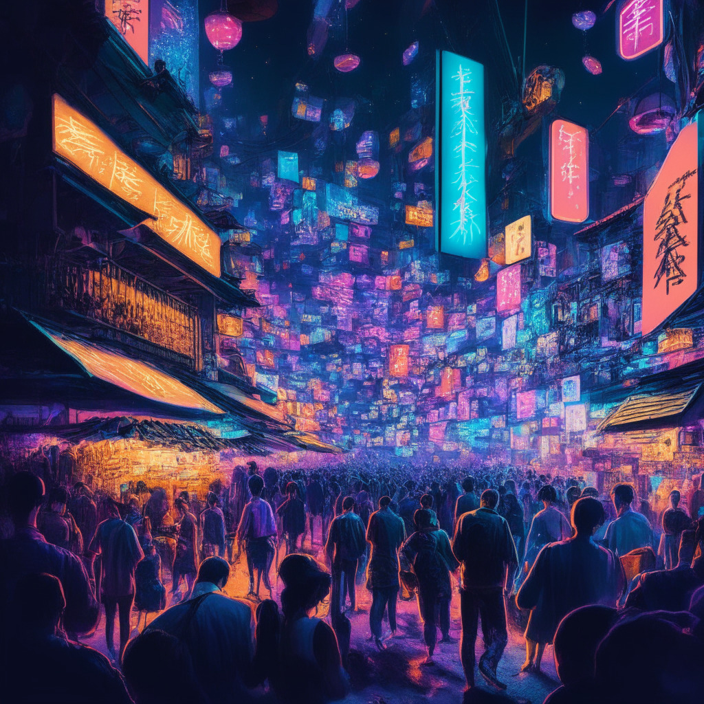 A bustling Hong Kong night market scene, anchored by the glow of neon lights, set in a surreal, vibrant palette. Picture a large digital billboard showcasing symbols of Bitcoin and Ethereum, a sign of the new digital asset exchange. Local crowds navigate through, evoking an air of intrigued curiosity and hopeful anticipation, all under a starlit, indigo sky.