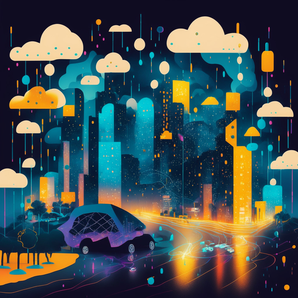 Abstract digital landscape symbolizing Python's diverse applications: a cityscape with Django and Flask buildings under a 'data cloud' with Pandas and Matplotlib rain, a road with Tensorflow and scikit-learn cars, a scientific laboratory symbolizing NumPy and SciPy, an IoT playground illuminated by the glow of MicroPython. Mood: dynamic, innovative.