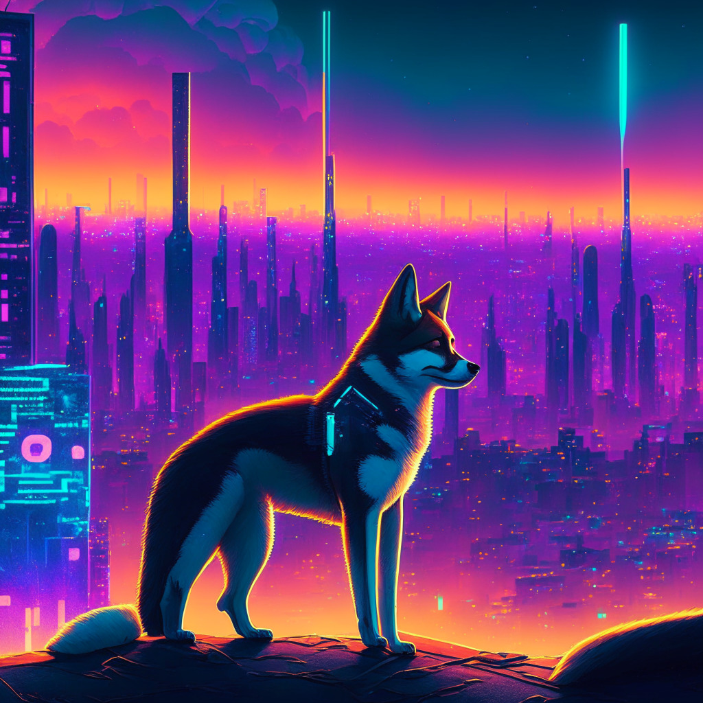 A futuristic, cybernetic cityscape at twilight, illuminated by the ethereal glow of Ethereum-inspired neon lights, An enormous, digital Shiba Inu dog peers over the horizon, symbolizing its burgeoning influence. The city buzzes with dynamic activity, depicting its vibrant community, A decentralized network weaves across the scene, representing the new L2 Shibarium blockchain. Uses a dark, contemporary style to reflect anticipation, innovation and resilience.