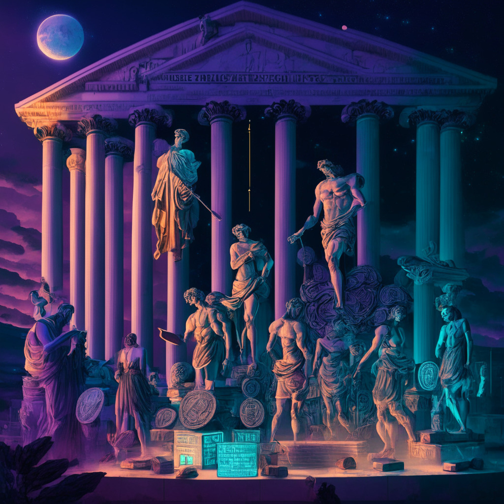 Digital marketplace in twilight hues, showcasing various cryptocurrencies as ancient Greek gods, XRP standing distinct with a balance scale, conveying uncertainty. Figures engaged in hushed trade talks, set in a renaissance style, reflecting a balance of risk and reward, suggestive of cautious optimism amidst the fast-paced, ever-evolving cryptocurrency landscape.