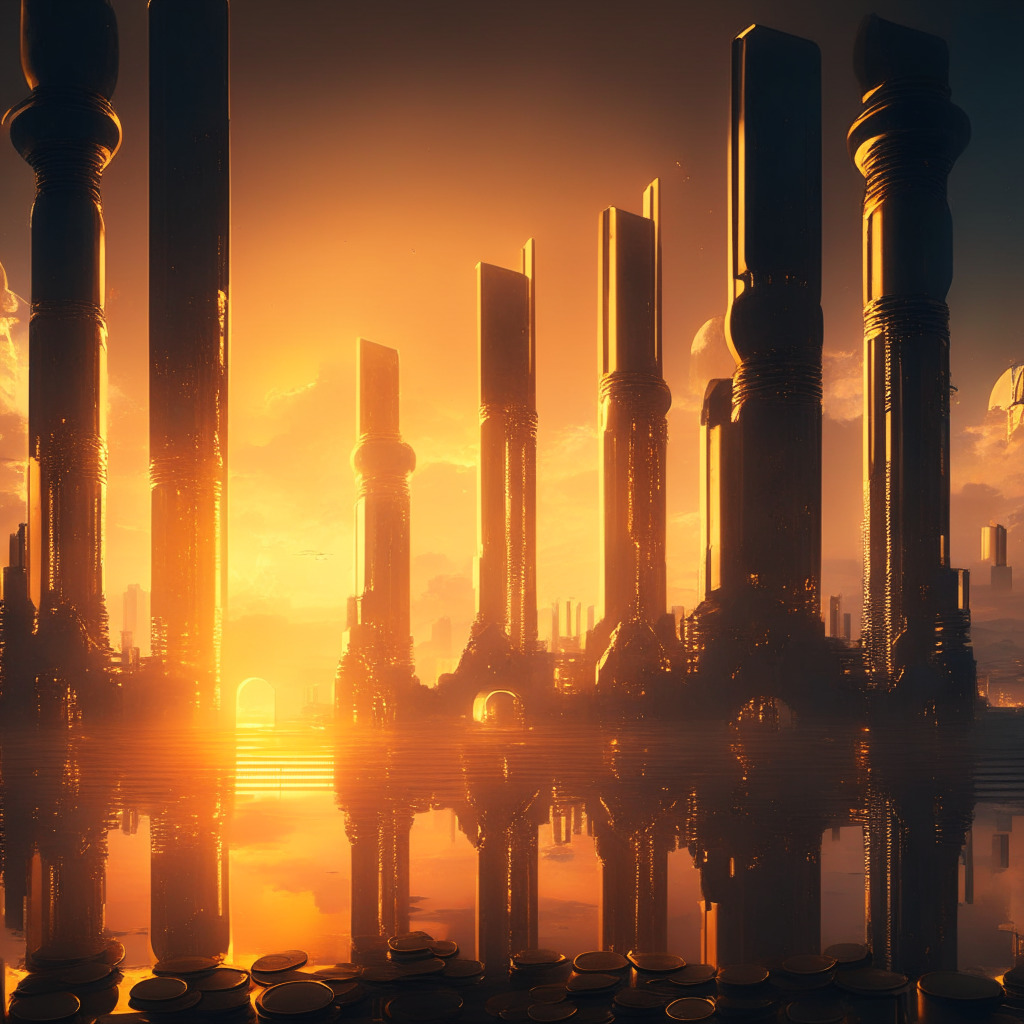 A futuristic cityscape at dusk, bathed in the ethereal glow of a golden sunset streaking the sky, crypto coins (symbolizing ARB tokens) slowly emerging from huge vaulted doors of a colossal building (representing Arbitrum). The scene is imbued with an air of mystery and dramatic tension, hinting at the unknown future of the crypto market. Tension and uncertainty linger, depicted in the form of shadowy silhouettes, and tall, looming structures. In the foreground, a crowd stands in anticipation, faces turned skyward as the tokens ascend.