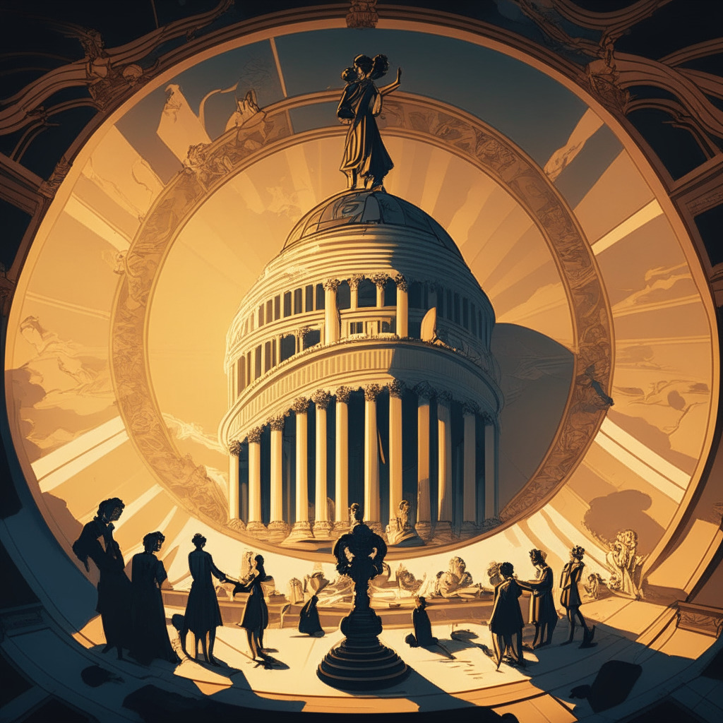 A monumental moment in the crypto landscape depicted in an art nouveau style. The scene captures a bipartisan assembly under an ornate Capitol dome discussing a document, an embodiment of the FIT Act. The mood should draw from golden hour lighting, showcasing a promising future. Shadows hint at obstacles, but the mood remains hopeful and transformative.