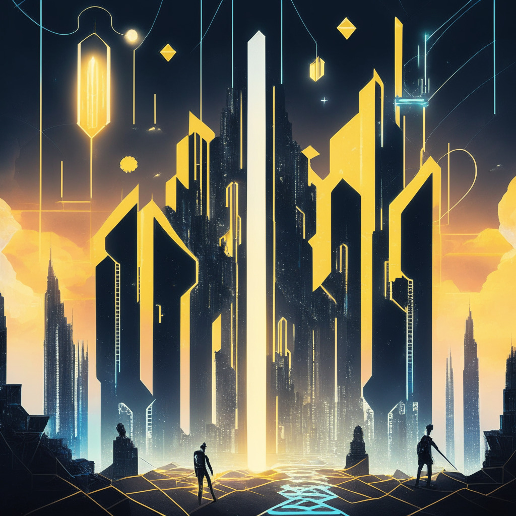 A futuristic, stylized cityscape under a morning sky, AI personas symbolizing Binance Smart Chain (BNB Chain) and Ethereum exist harmoniously - not in combat. Massive architecture represents various blockchain networks, each skyscraper portraying layer-1 and layer-2 solutions. Glowing, guiding lines converge on a monolith signifying the Web3 ecosystem, embodying competition but cooperation.