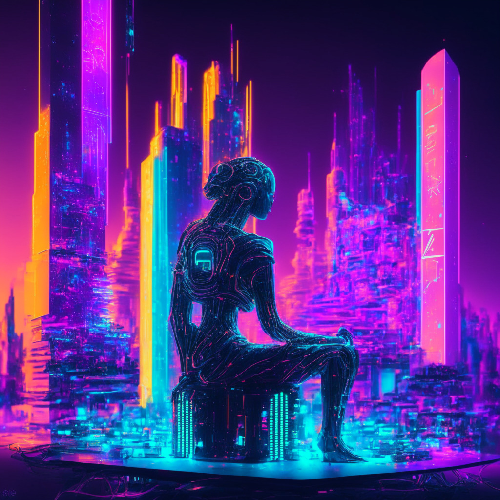 A futuristic cityscape glowing in neon hues, reflecting the dynamism of Decentralized Autonomous Organizations. Robotic figure, embodying AI, sits at centre, crafting poetry on an ethereal holographic device. Ethereum logos morphed into architectural elements, create vivid accents. Mood: Radiant optimism, offering a hope-filled vision of a DeFi world, resilient against control yet question-laden.