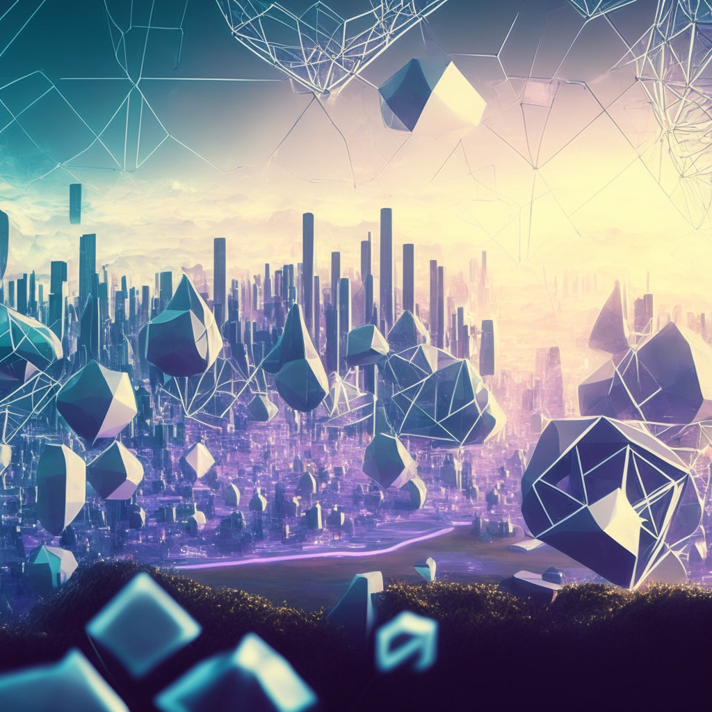 Ethereum-esque fantasy landscape under soft dawn light, embodying a concept of off-chain transactions. Incorporate a futuristic cityscape with interconnected nodes representing the Ethereum network. Centralize an abstract digital entity signifying Visa's paymaster contract. Imbue mood with optimism hinting at seamless crypto integration into everyday life.