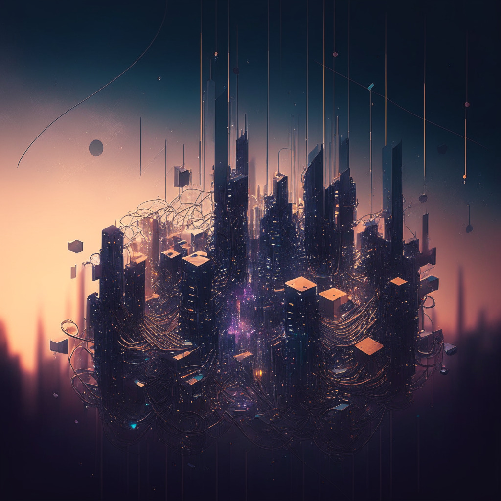 Abstract cityscape bathed in twilight hues, representing new beginnings and possibilities. Depict miniature chains falling from the sky connecting different sections of the city implying augmentation, symbolizing microchains. Ensure aura of curiosity, innovation, and interconnectedness. At the core, place a prominent, futuristic, yet enigmatic structure representing Linera.