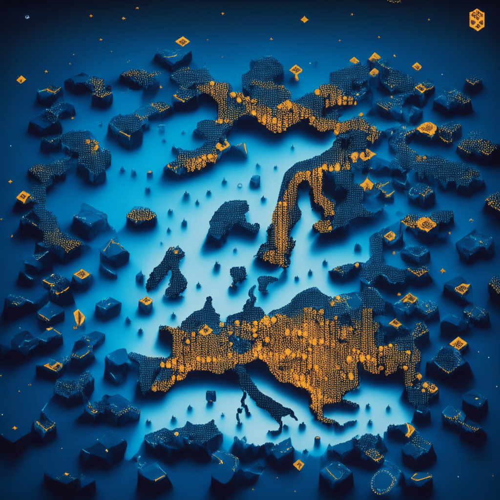 An intricate digital landscape envisioning Europe's crypto market evolution, Hex Trust's analogy of dominos falling across a map of the EU, illustrating their expansion. Use a surrealistic style, with domino pieces, glowing to represent cryptocurrencies. Set in a twilight ambiance, subtly reflecting the volatile nature and regulatory debates in the market.