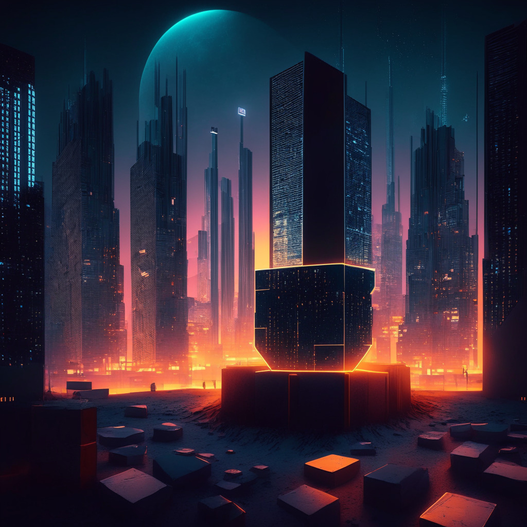 A stand-off between traditional and crypto finance at dusk, with the Metaverse (represented as a fully-digital sandbox) in the center, bathed in twilight hues. Evocative of tension, the backdrop sees a tentative blend of old-world architecture and futuristic skyscrapers, a symbolic union of old and new monetary systems. Faint glow from the Metaverse illuminates a sea of dispersed tokens, while complex emotion is conveyed through a dramatic, Baroque-style lighting.