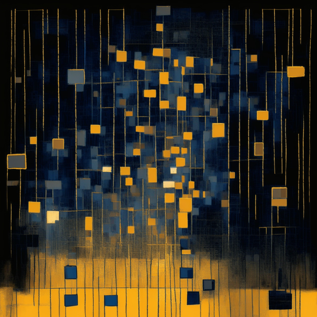 A digitally abstracted representation of a dust storm, envisioning multiple strings of crypto addresses in the style of Mondrian. The scene conveys an ominous and dark atmosphere with the soft glow of successful transactions pierced by scattered 'dust' transactions. The tones are cool and muted with a churning turbulence depicting scams stealing away the light, hinting a world of cryptocurrencies loaded with risks and threats.