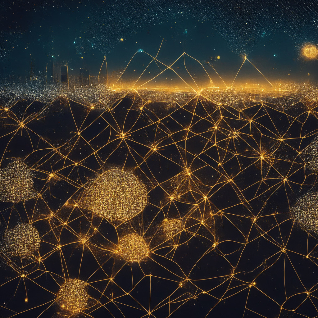A vast, interconnected web of golden nodes against a deep, starlit sky, symbolizing blockchain's decentralized network. The nodes sparkle with promise, casting light on a dark landscape below. On one side, a bustling prosperous city thriving under the protective glow of the nodes. On the other, a tumultuous sea reflecting the volatile nature of crypto markets. The scene is lit by a surreal, contrasting light, keeping the tone somber yet hopeful.