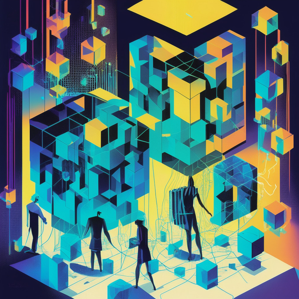 An interpretation of the world embracing blockchain technology, contrasting the allure and drawbacks in a cubist style. The scene bright and vivid, showcasing the decentralization and transparency of transactions. In the shadows, illustrate the inherent complexities, issues of untraceability and high energy consumption. A few figures study an NFT, symbolizing the cryptocurrency's potential, yet also surrounded by uncertainty.