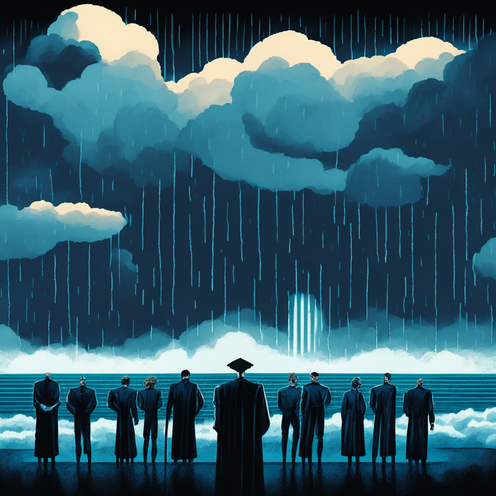A vivid graphical representation of Crypto's theater, under a dark, stormy sky signifying uncertainty and skepticism. Contrast this with a glimpse of future promise brightly shown on the horizon. Include characters symbolizing developers, investors, and regulators, each with their distinct dress code and body language. The mood should fluctuate between grim to hopeful, reflecting the article's tumultuous journey from critique to future potential. The style should be a blend of Pop Art and Surrealism.