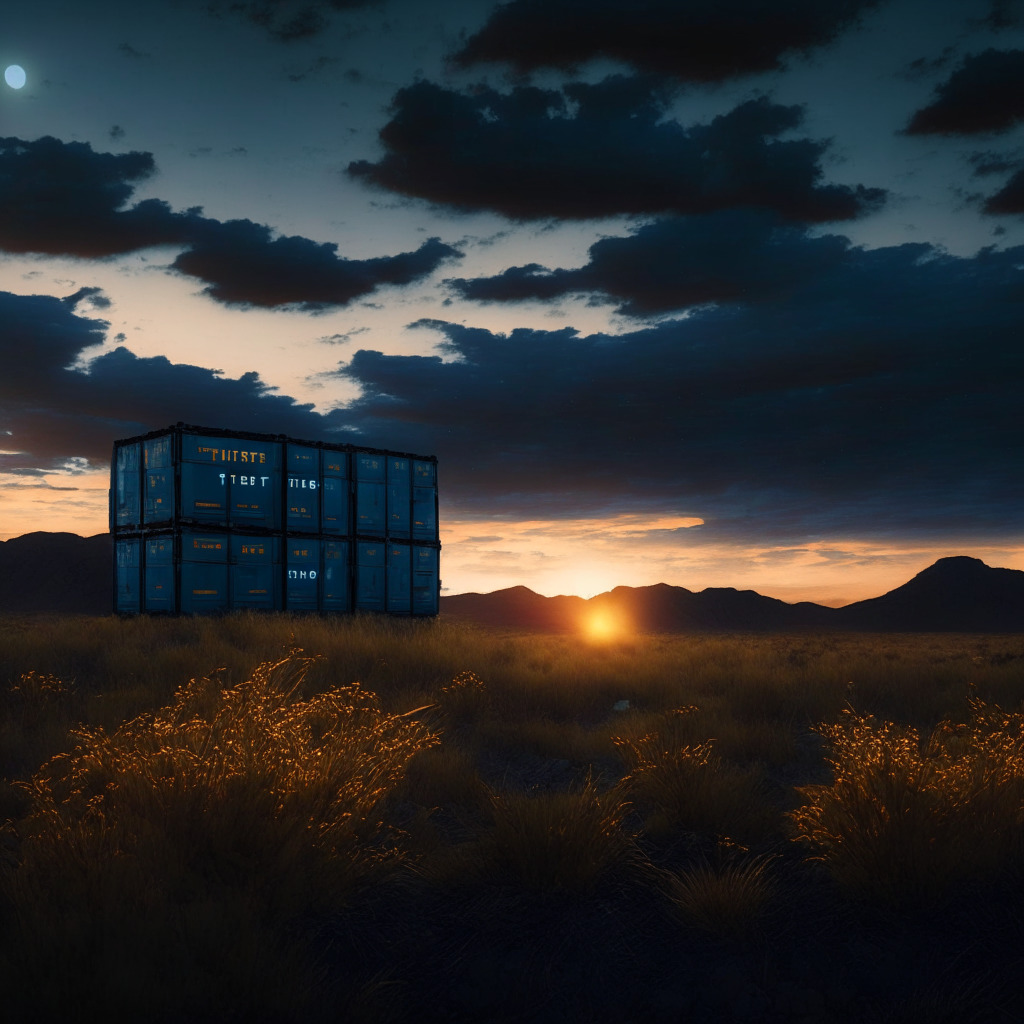 A twilight setting over a remote Latin American landscape, a series of large looming containers cast in an air of mystique. The scene evokes intrigue tinged with skepticism, reminiscent of an impressionist painting, blurred edges, subdued colors. The containers have a subtly edited Tether Energy logo, hinting at the cryptic Bitcoin mining operations. In the atmosphere, the anticipation of an imminent unveiling, a sense of curiosity about the future vibrates.