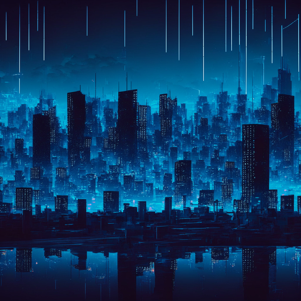 Dystopian cityscape at twilight, depicting the silhouette of North Korean skylines and a vast network of interconnected digital elements, forming a symbolic representation of blockchain, indicating cryptocurrency theft. Intermittent sparks of neon blue and brighter hues, symbolizing data breaches, evocative of a gloom-filled cyberpunk aesthetic, with an underlying sense of tension, intrigue, and foreboding.