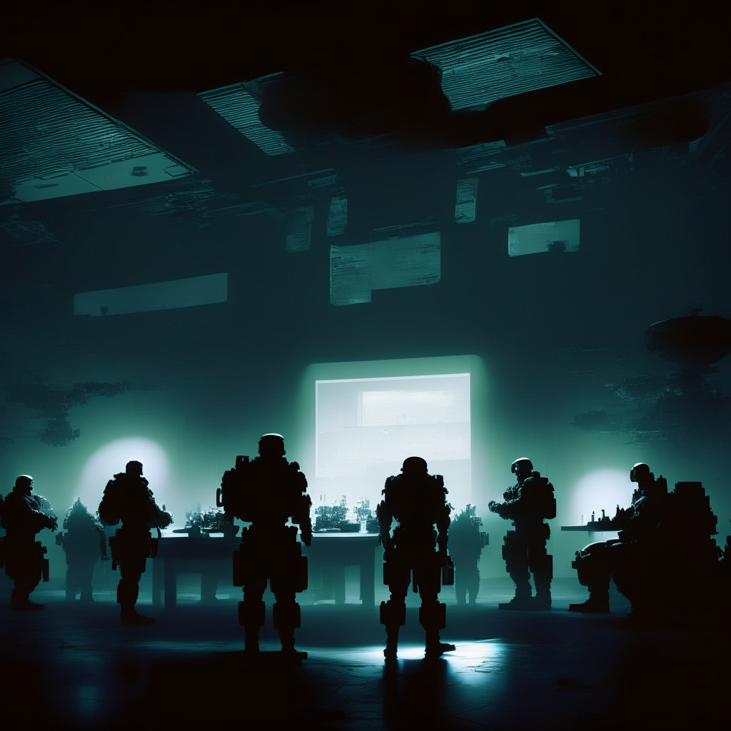A shadowy command center illuminated by a low, ethereal glow, home to 'Task Force Lima', a group of stern military officials mingling with AI robots. The ambiance feels heavy with the tension of a technological arms race. The focal point is a militarized AI silhouette, denoting the dual-edge of AI in defensive combat. The image is marked by a constant struggle between progress and caution.
