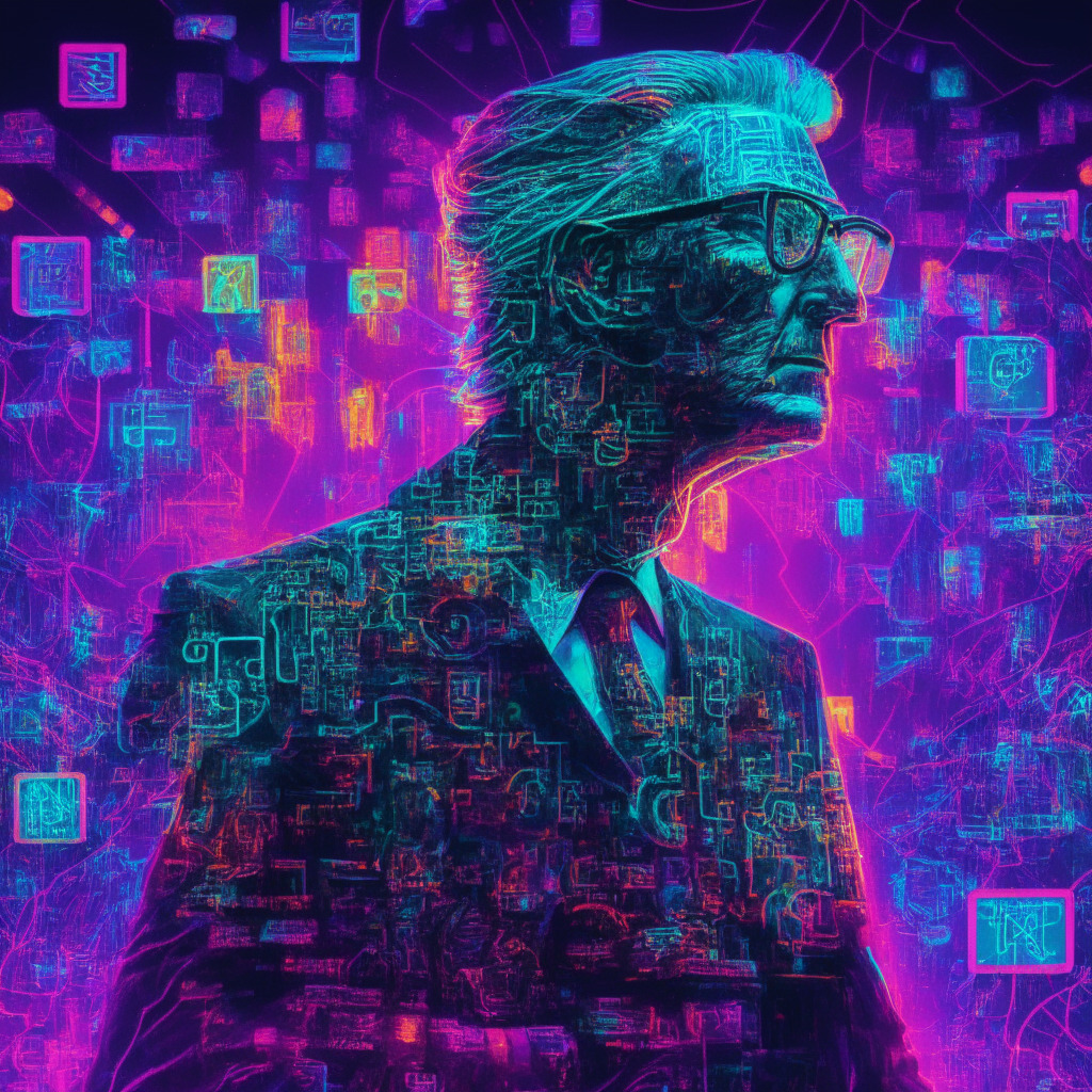 An intricately detailed image of a former president amid the glow of digital art. A vibrant background of blockchain symbols, cleverly interwoven with NFT cards showcasing avant-garde poses. The setting blends realism with an artistic sense of cyberpunk, rendered in electrifying tones of neon. The scene’s mysterious mood echoes the suspenseful nature of a financial saga unfolding in the world of cryptocurrency.