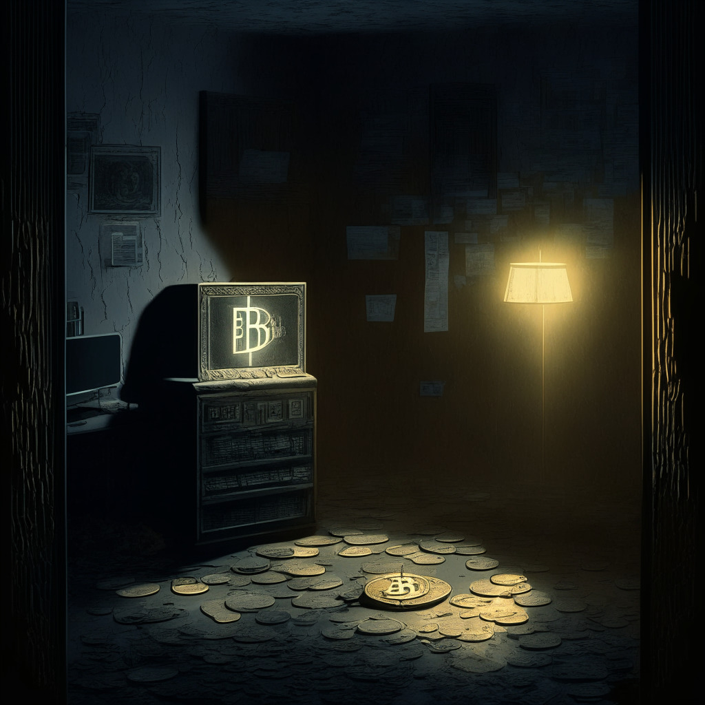 A cryptic scene inspired by the awakening of a dormant Satoshi-era Bitcoin wallet. A dimly lit, vintage office with an antique computer screen displaying a digital Bitcoin wallet, the light of the screen casting long shadows in the room, while cold hard coins materialize from the ether. Edges of Neo-noir fused with Surrealism, the image exudes a blend of apprehension, curiosity, and awe.