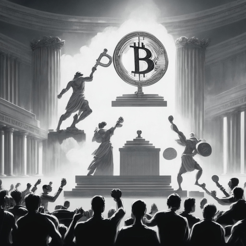 A courtroom scene showcasing a tense tug-of-war between innovation and regulation. Human figures tugging on a grayscale Bitcoin symbol and an emblem of a gavel, representing Grayscale and SEC respectively. A dawn sky backdrop, symbolic of the regulatory silver lining, scene filled with a constructive tension.
