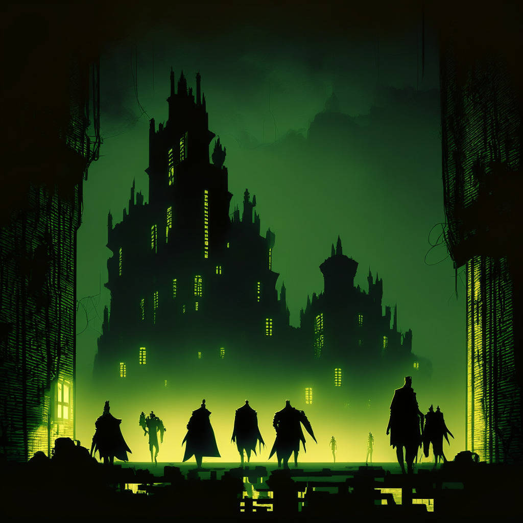An intense, film-noir style scene of a digital fortress in dusk's subtle light, glowing with the sheen of gold and silver Bitcoins. In the background, ominous silhouettes of hacker figures move stealthily, their eyes glowing unnaturally green, plotting mischief. The mood is tense, a suspenseful game of cat and mouse, hinting at the intricate dance between blockchain security and cyber criminals.