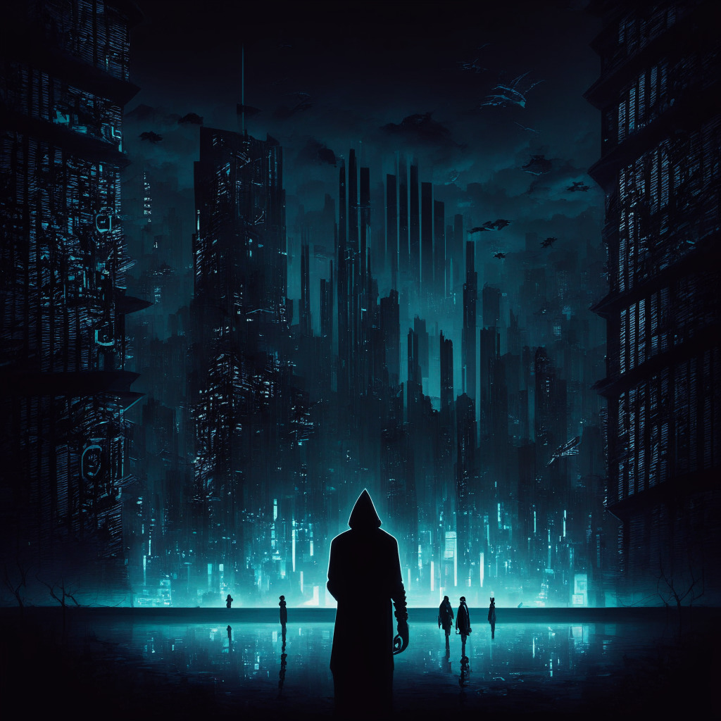 A shady, digital cityscape at twilight representing a blockchain universe, wherein phantom-like hackers blend into the shadows, prowling discord servers marked with Ethereum symbols. Showcase a triumphant cyber thief, anonymous and spectral, clutching stolen crypto tokens, with an overbearing dark mood punctuated by low-key, dramatic lighting to symbolize the secretive atmosphere. Illustrate the foreground with protective shields and vigilance icons to represent the defenders, communicating an intense cat-and-mouse chase.