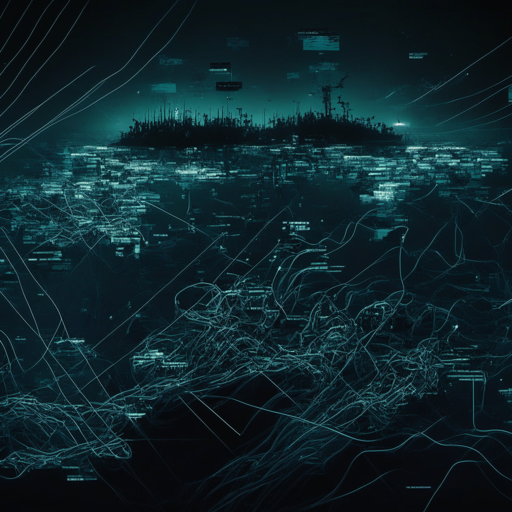 Virtual landscape of Zunami DeFi platform thrown into disarray, highlighting the recent cyber-attack. A stark, nighttide setting with visible threads of malicious data invasion, representing a price manipulation. Artistic style should translate a digital-noir aesthetic, producing a tense mood - illustrating the vulnerability and urgency in prevention of further cyber-offensives.