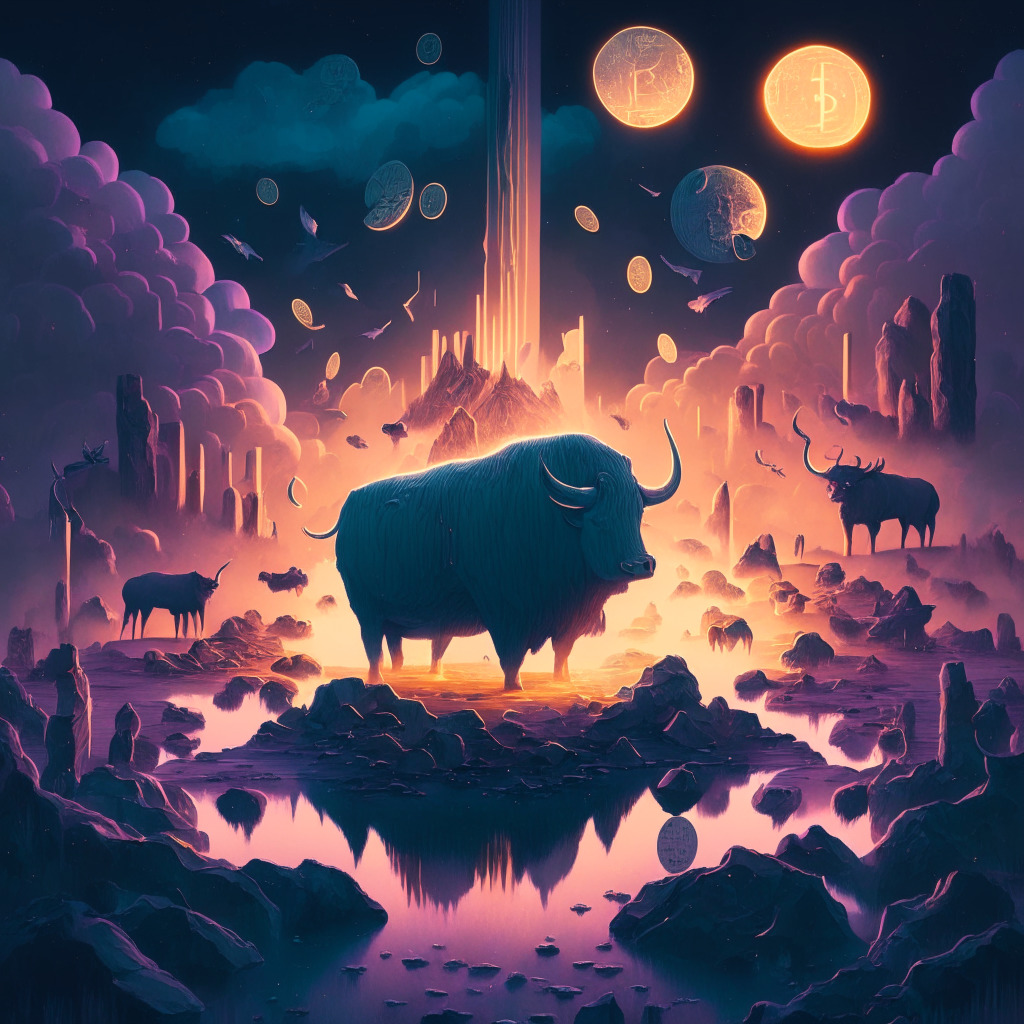 A surreal financial landscape bathed in soft twilight hues, showcasing the likeness of Bitcoin, still and unaffected in the center. Emerging altcoins whirl around it, symbolized by robust, vibrantly hued comets. Depict each coin as glowing entities, showcasing a blend of bullish strength and bearish decline. Set an artistic mood of intrigue, mystery, and cautious optimism.