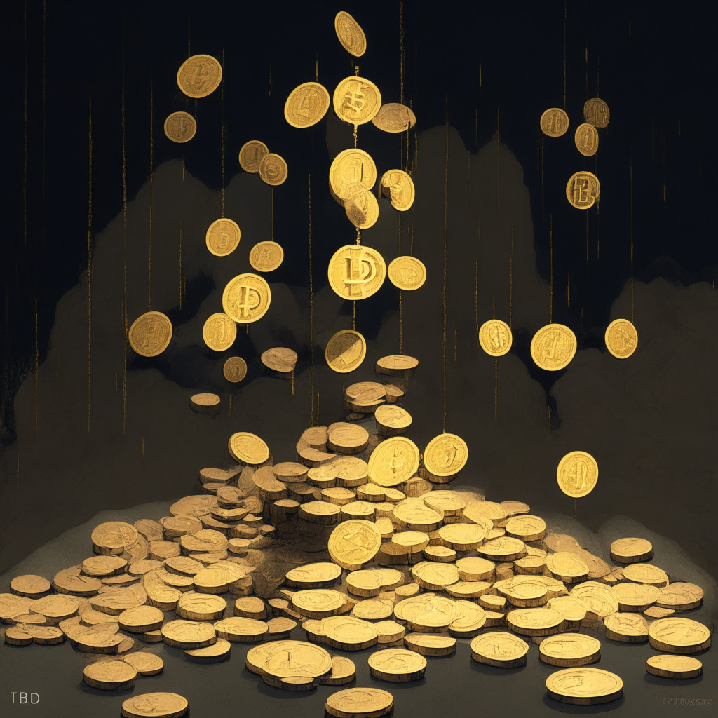 A dusky, abstract representation of a digital marketplace, scales tipped off-balance with one side heavier. Depict an oversupply of 'USDT' tokens symbolized by a surplus of golden coins, against a limited supply of 'USDC' and 'DAI' counterparts. The scene should evoke unease, emphasized by brooding shadows and cooler hues. The art style is dystopian, chimera-like, hinting at uncertainty in the crypto market.