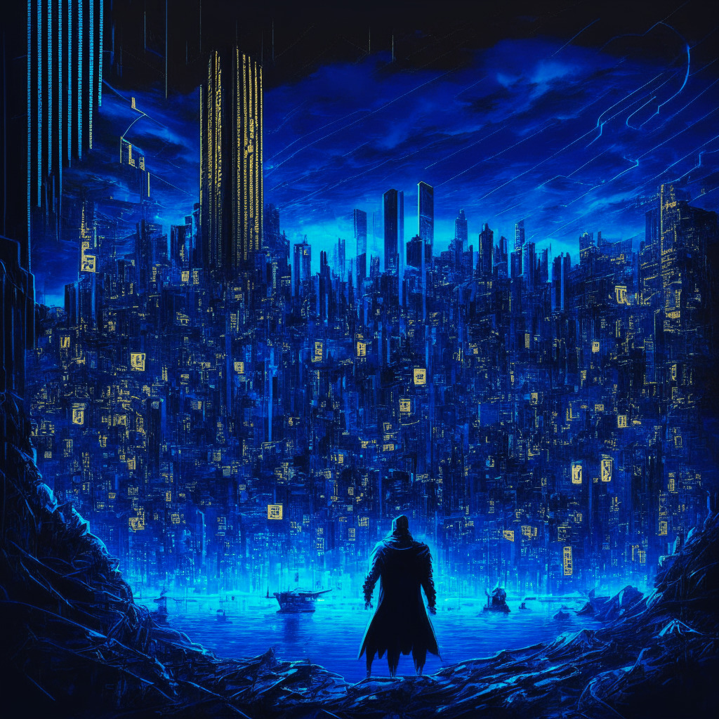 Decoding the aftermath of a mega crypto heist depicted in a dramatic electric blue night setting portraying an ethereal blockchain city. The imagery should display an ominous perpetrator, represented by a dark spectral figure returning digital gold, to signify $8.9 million worth ETH restoration. Showcase a surge wave to represent the rising value of CRV token amidst the scenes. Reflect a fragile, tensed atmosphere in a surreal, neo-noir art style.