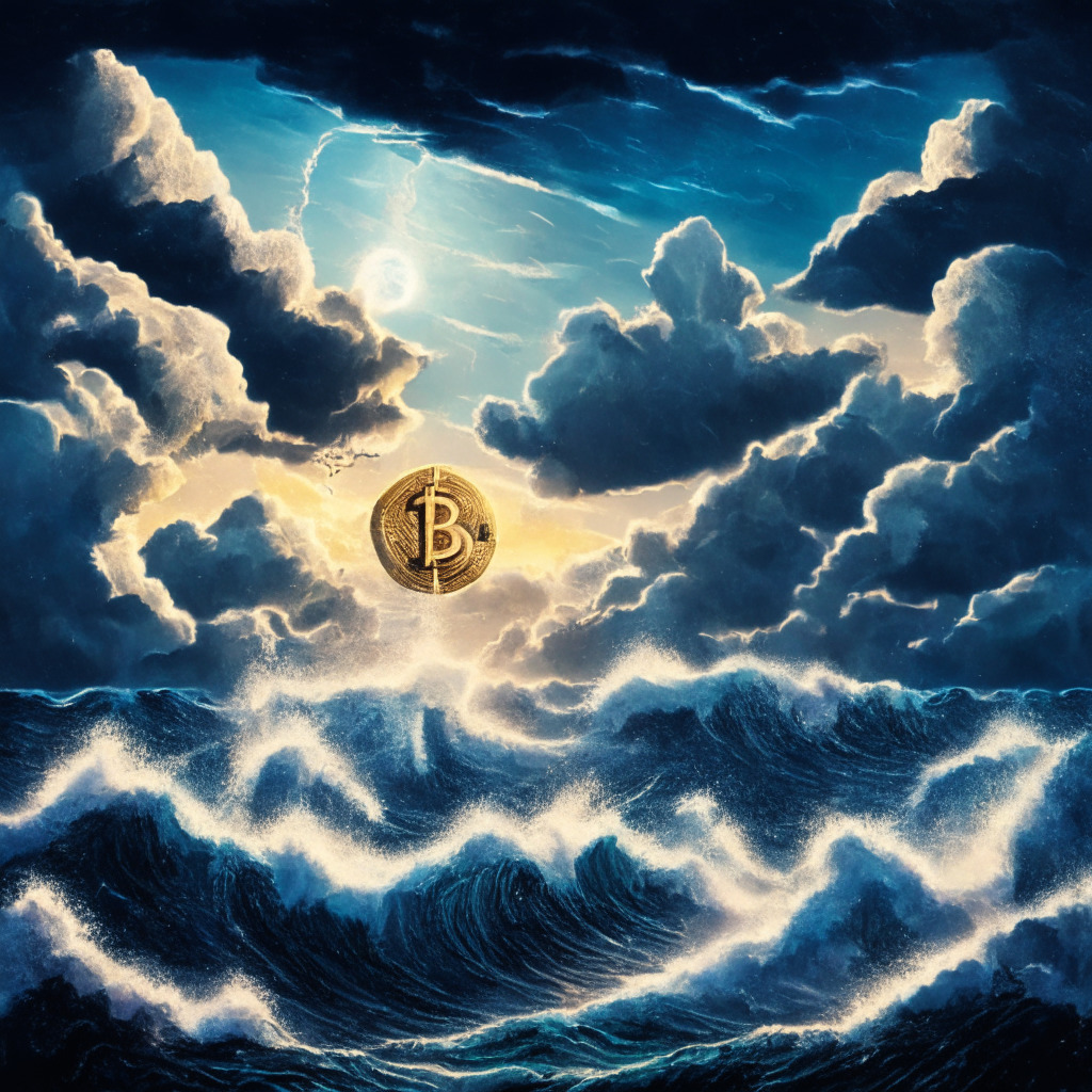 A tumultuous ocean under a stormy sky, waves signifying unpredictability and volatility of the Bitcoin market. In contrast, two stable pillars, representing Ethereum and Litecoin, stand firm amidst chaos. A radiant, playful comet, symbolizing meme-coins, streaks across the sky. Background highlights a rising sun indicative of hopeful AI technologies. Sizeable, distant islands signify potential crypto pre-sales. Painted in Expressionist style, dramatic lighting, mood of expectation and risk.