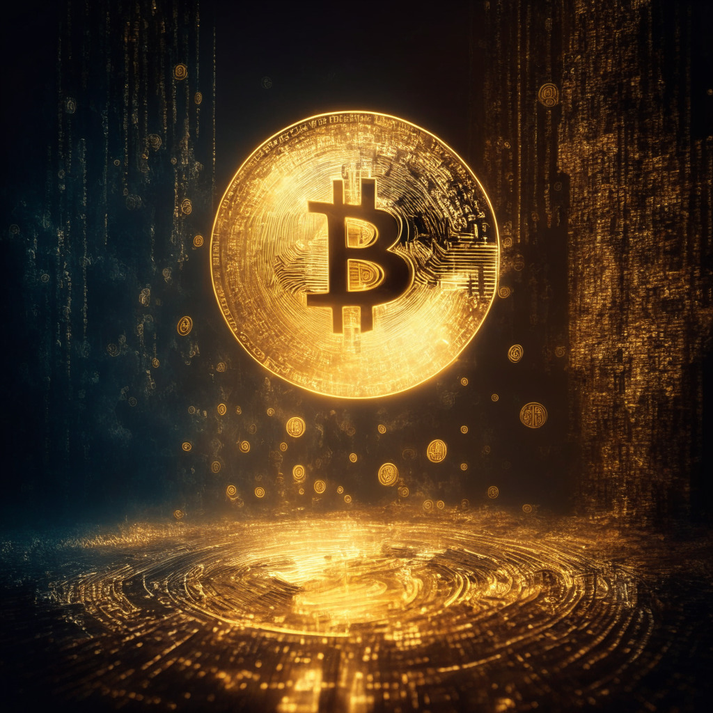 Imagine the transformation of 'Bitcoin on Ethereum', BTC20, visualized as an antique golden coin against an ethereal backdrop of sprawling decentralized network. The scene is illuminated by the dim glow of a futuristic interface, signifying the Uniswap interface, casting a shadow of financial revolution. It exudes an aura of intrigue and excitement, reflecting the unpredictable but promising market dynamics. A glowing icon symbolizes yield accruing dynamically every ten minutes, adding anticipation to the setting. The dynamism of the scene is represented through a palette of deep blues and bright golds, emulating the volatility of the crypto market and the potential gains tied to Bitcoin's trend. The texture of the image should resemble a vintage oil painting to portray the unique blend of antiquity and innovation that characterizes the BTC20 journey.
