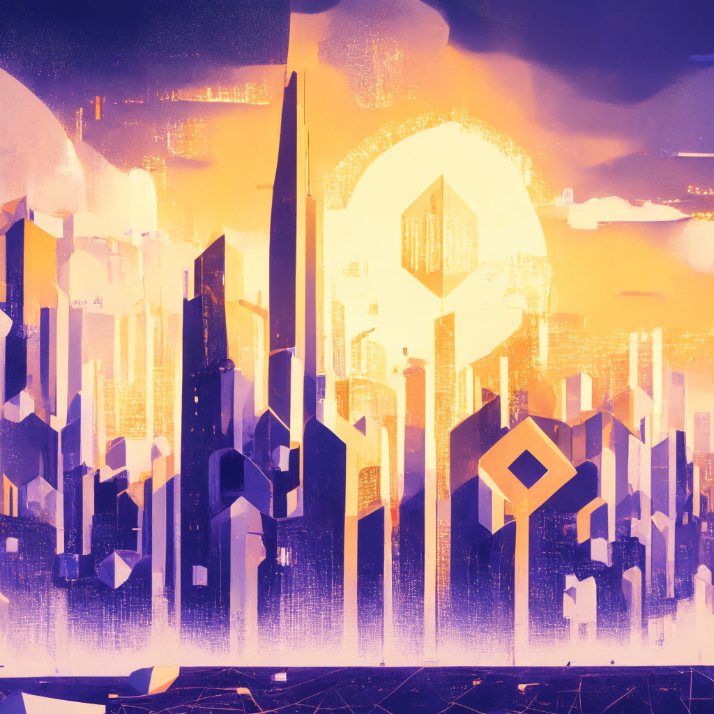 An abstract portrayal of a Layer-2 Ethereum scaling platform, named Base, depicted as bustling city with structures symbolizing advanced applications, nft tokens and currencies. Skies colored with gentle hues of sunrise, signifying hope amid revenue hardship for the Coinbase entity. Ethereal lights glow, denoting transaction speeds. Echoes of evolving economic models and tech-infused optimism hang in the atmosphere. Shadows subtly hint at lurking regulatory challenges.