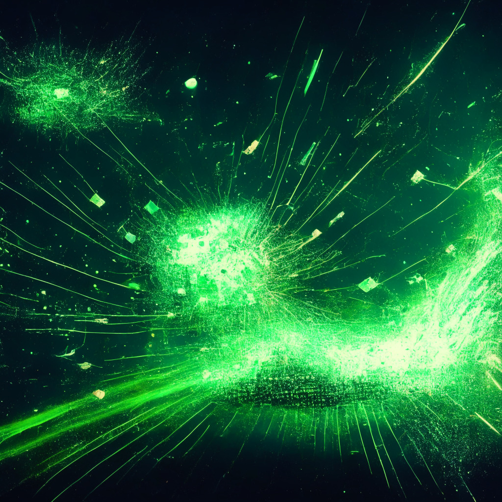 An abstract concept painting of a cosmic scene featuring cryptocurrency flash crash. Set against a dark, atmospheric background with a dash of aurora borealis green, it reflects market volatility and mystery. A web of particle-like objects (representing trade orders) is bursting to depict the crash. The scene is unravelled by subtle rays of light, illustrating the tools of researchers from King's College. Mood is tense, and the style is inspired by expressionism.