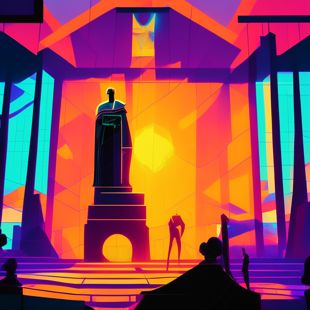 A court scene at Sunrise, in a cubist style; the palpable tension of a legal battle in a future infused with neon, A male figure bathed in the soft-glow of a holographic screen revealing national flags, signifying global jurisdictions. An etheric blockchain layer subtly pervades the scenery to symbolize the interconnectedness of technology and regulation, The mood should be a mix of fascination, intrigue, and gentle anxiety, anticipating an inevitable reshuffling of worldwide regulations.