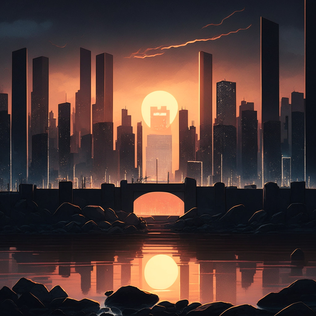 A digital cityscape at sunset, with high-rise buildings symbolizing Litecoin in contrasting states of lamplight, some flickering on the brink of darkness - depicting downturns, others aglow, omen of a bullish reversal. A stone bridge leading to the city represents the reliance on investor's market understanding. The overall mood - mysterious yet hopeful.