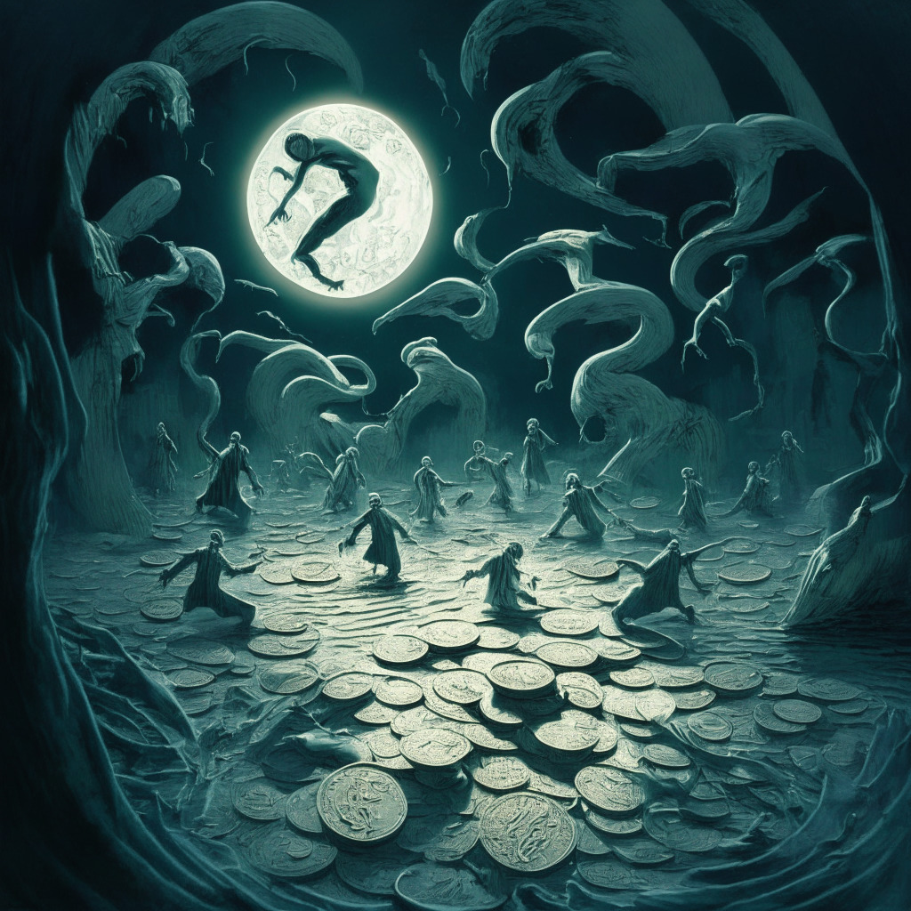 A surreal scene unfolding on a chaotic digital landscape filled with swirling, abstract figures representing the PEPE Meme Coin’ investors, the figures are in frenzy, feeling a downward thrust mirroring a dip in the coin value. Pale, eerie moonlight washes over the scene, contributing a chilling touch to the setting, hinting at a power shift crisis within the secure vault of the multi-signature wallet. A large, ominous vault-like structure, somewhat resembling a medieval fort, stands in the center, representing the multisig wallet system and emitting an eerie, almost fluorescent glow from its opening occasioned by the unsettling influx of tokens. The landscape should elicit feelings of uncertainty and volatility, signaling the ever-changing nature of the crypto world. Artistic style is inspired by Van Gogh’s expressive brushwork and Salvador Dali’s symbolistic surrealistic painting.