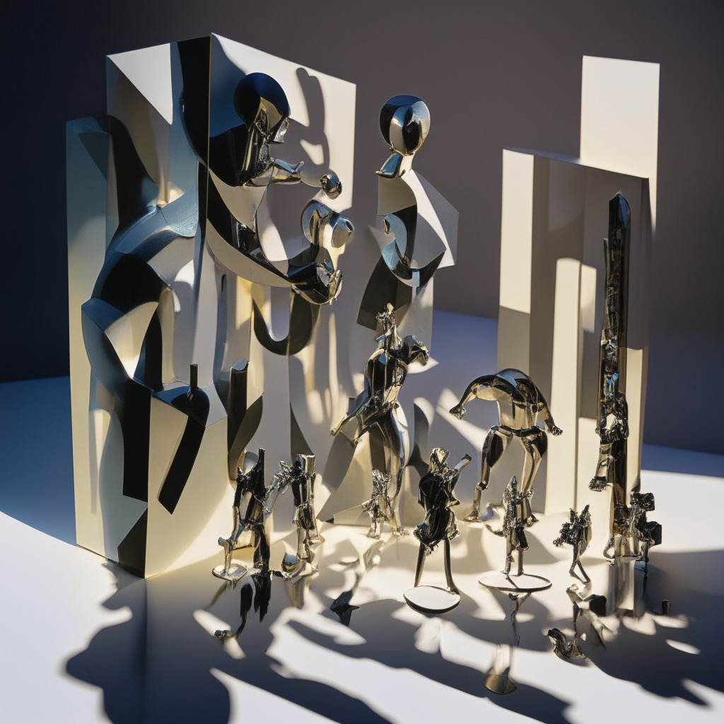 An abstract representation of tech giants balancing innovation and privacy, Evening light casting long shadows on glass and chrome structures, Art style reminiscent of cubism, portraying a tense, ominous mood, An oversized pair of scales with an AI chip and a crypto coin delicately balanced, ripples of discord and disruption beneath them, A crowd of miniature figures below depicting public scrutiny and potential backlash.