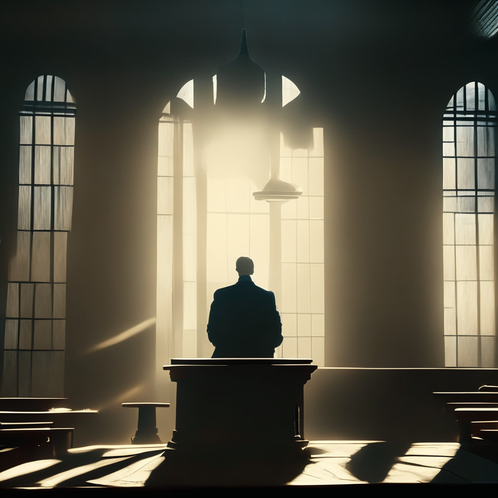 Australia-based crypto lending firm in an illuminated courtroom, subdued, under soft early morning light penetrating through the grand window. Show layers of regulatory documentation, a halo of judgment. A silhouetted figure holding a misleading license in a film noir style to imply mystery. The scene is calm yet tense, reflecting the complexity of crypto regulation disputes.