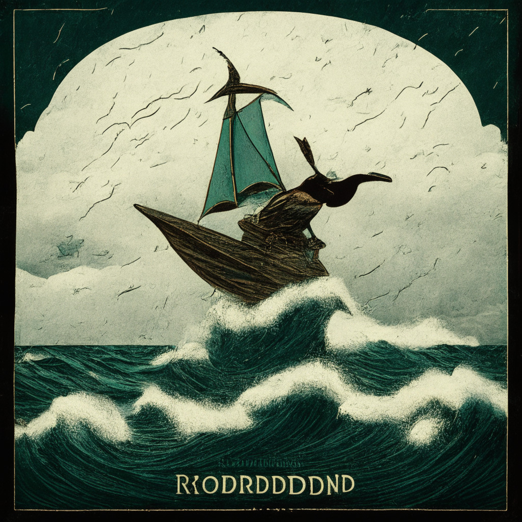 A 19th-century style interpretation of a volatile stock market with one section marked out for cryptocurrencies. The markets are represented by tumultuous, stormy seas under an overcast sky, hinting at their unstable nature. To the side, Robinhood's logo, morphed into a literal robin hood character, observes from a calm shore, symbolizing stability amid chaos.