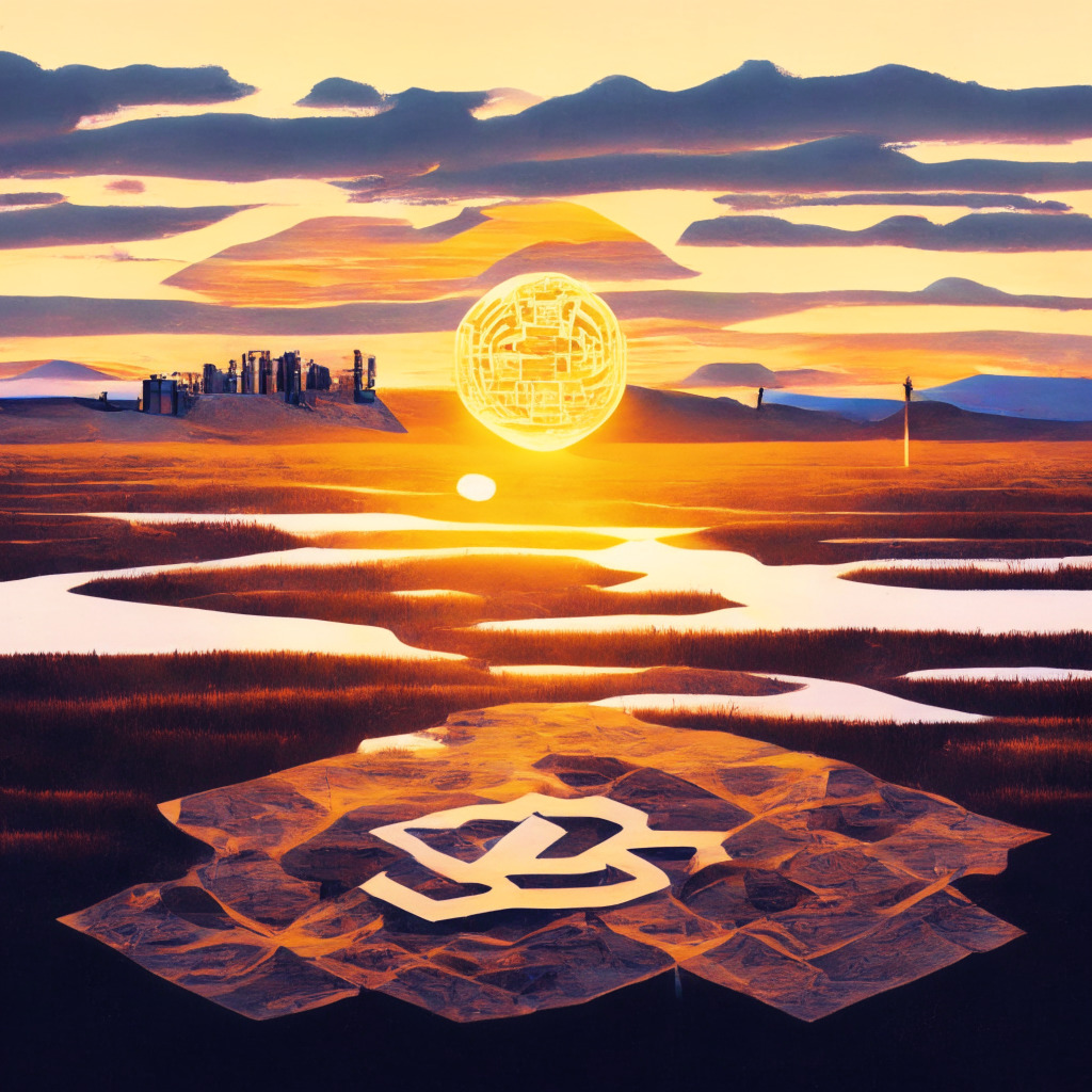 A sunset over the Siberian landscape, a digital ruble in the centre illuminates with transparency, casting long shadows behind symbols of corruption and illegality. Blocks representing blockchain subtly interlinked, the surrounding air crisp and filled with a sense of reform. A remote peninsula is portrayed, digitally-influenced colours suggest offline accessibility, an underpinning mood of expectancy for change.