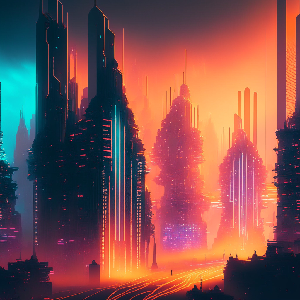 A sprawling futuristic cityscape lit by the glowing hues of sunset, embodying a blend of traditional architectural structures gradually merging with intricate, transparent DeFi-inspired architecture. Luminescent pathways crisscross, representing blockchain technology. Smoky and hazy atmosphere adds an essence of mystery, indicating potential risks and challenges. Figures populating the scene, reflecting both human analysts and AI figures like ChatGPT, discuss cohesively, symbolizing open discussion and critical thinking. Beside the city, a ticking time bomb shape subtly incorporated shaping the outline of Egorov's likeness to hint at financial risks.