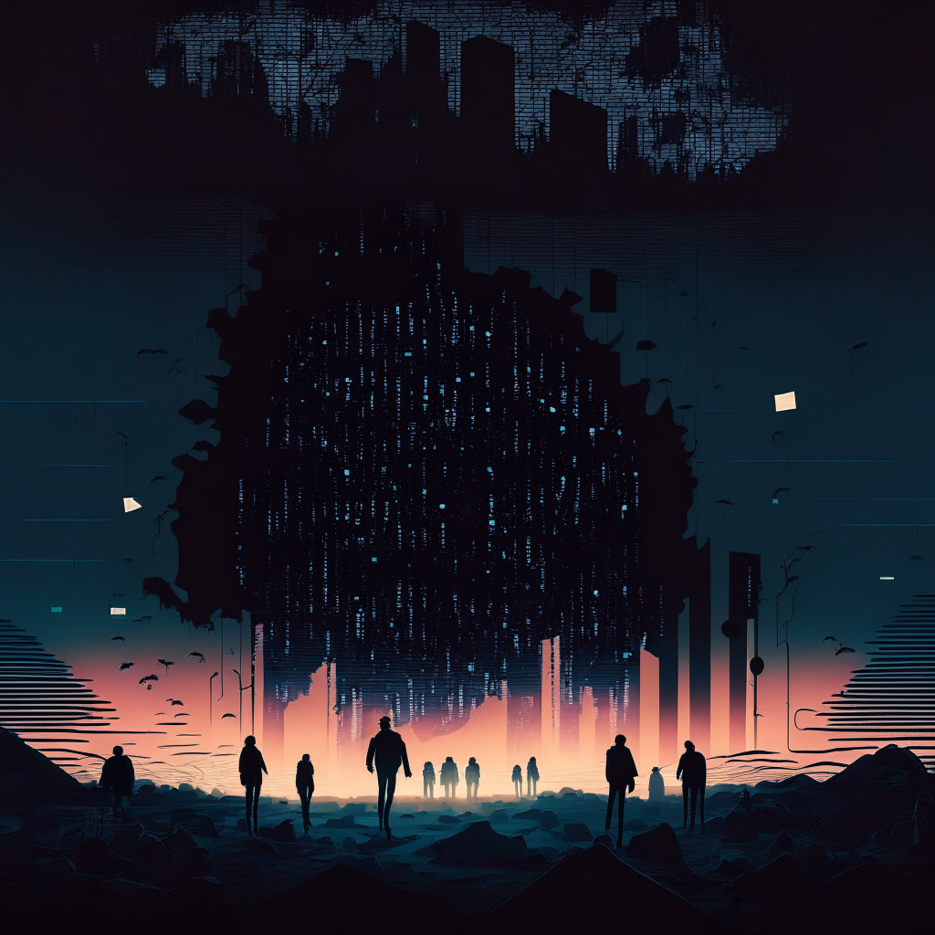 A digital landscape at twilight, surrounded by the anguish of financial upheaval. In the center, factors of decentralization dissolving into fine pixel dust, symbolizing an exit scam. Shadowy figures representing blockchain investigators tracing the disappearing funds. To unravel the mood of mystery, illuminate the path with an ominous Chiaroscuro lighting style.