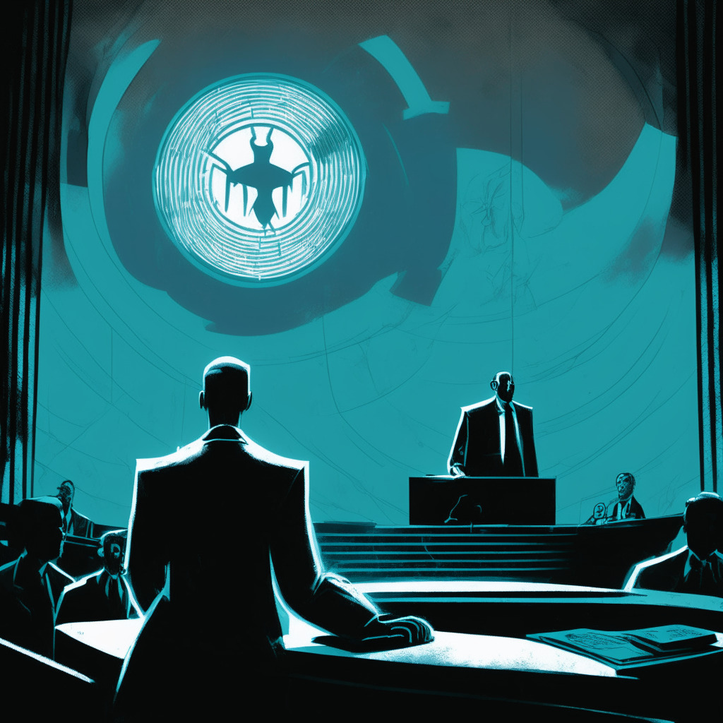 Dramatic courtroom scene in a futuristic style: SBF, a sternly determined figure, in the witness stand, dimmed spotlight on him, casting somber shadows. Background hints at swirling cryptocurrency symbols, dissolved and falling, symbolizing the crash of FTX. The mood is tense, anticipatory, charged with stakes of accountability and trust in the crypto world.