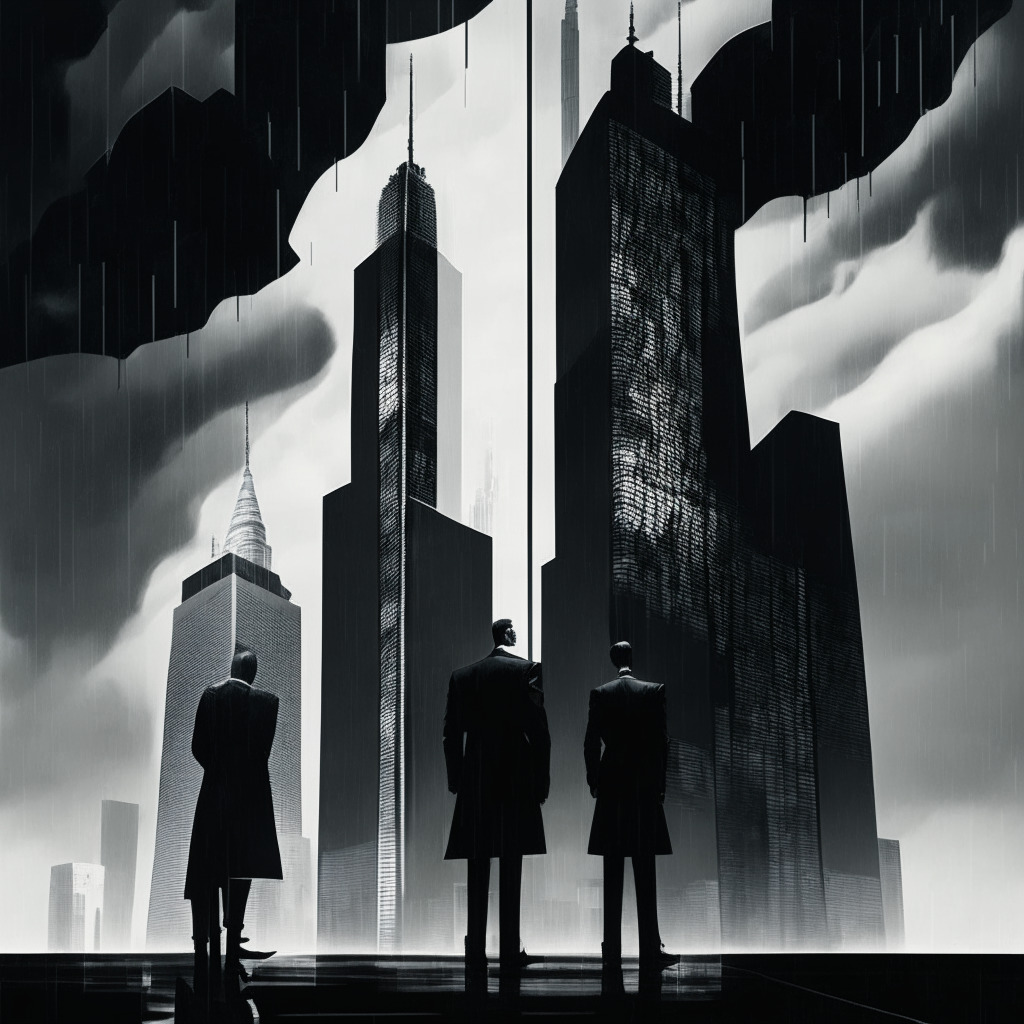 A juxtaposition of two towering edifices symbolizing FTX and Genesis in a dim, stormy legal landscape, the buildings partially transparent revealing complex interconnections. Chic high-contrast noir style, underscores dramatic tension within the volatile crypto market. People in period lawyer attire stand between, negotiating under a spotlight, embodying the hope of conflict resolution.