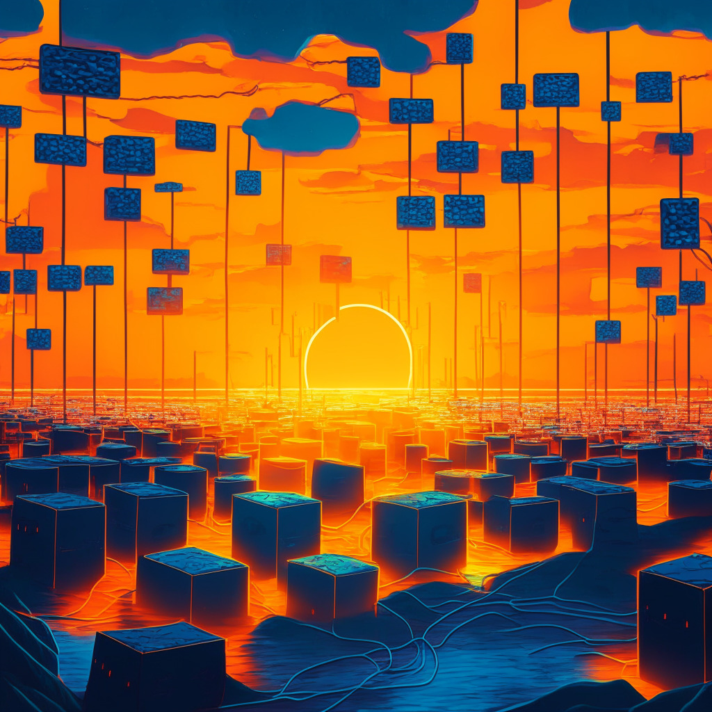 An abstract digital landscape at sunset, portraying energy exchange. In the foreground, symbolic Bitcoin mining rigs gradually fade, replaced by brighter, sleek nodes symbolizing PoS mechanisms. The dominating hues are warm oranges and cool blues, conveying transition. The mood is hopeful, portraying blockchain's potential for sustainable energy use.