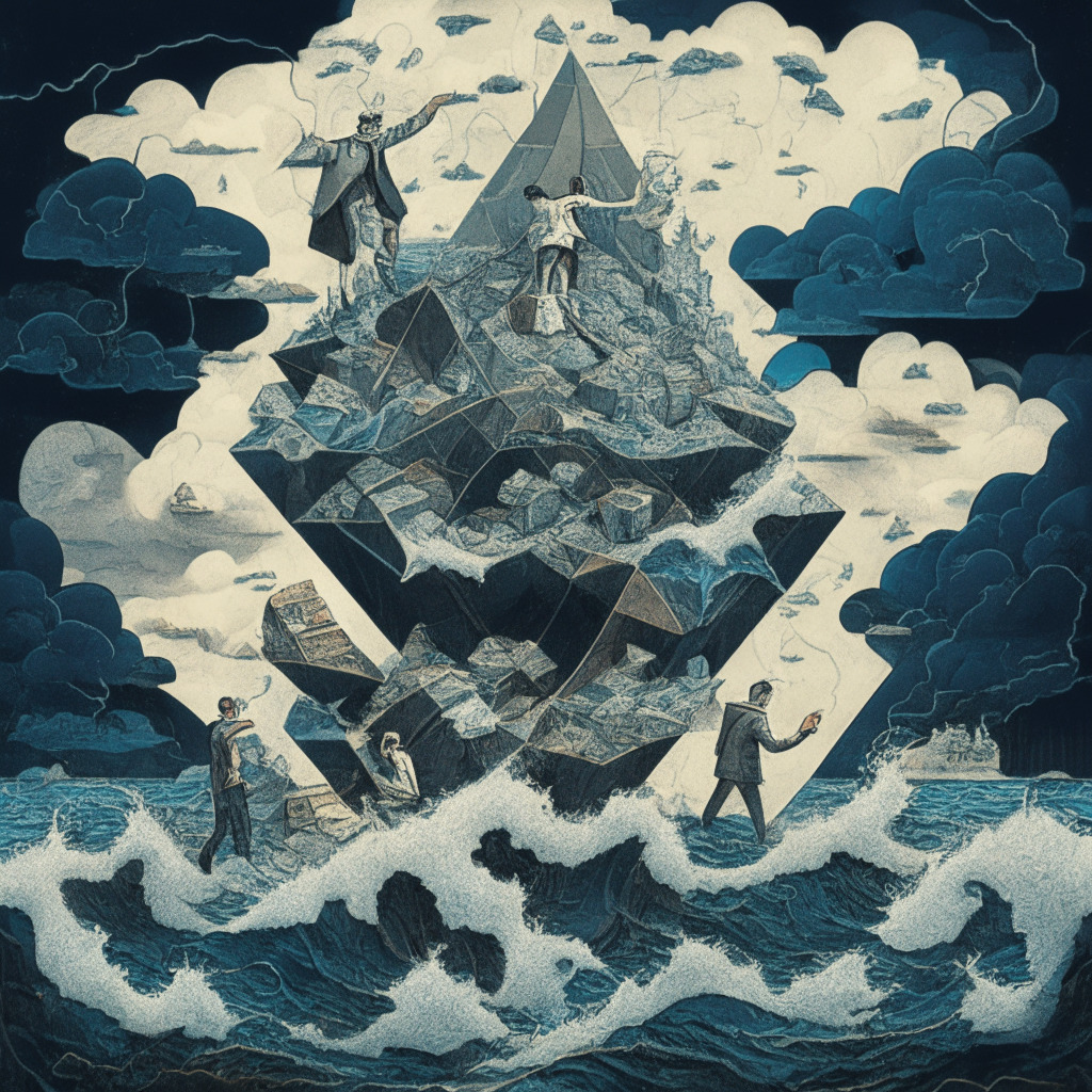 An intricately detailed, Cubist-style depiction of a precarious balance atop a volatile sea, symbolizing the turbulent crypto industry. The scene features three enigmatic figures, representing Justin Sun, Sam Bankman-Fried, and Do Kwon, expertly crafting crystalline bitcoin structures amidst the storm, a testament to their crypto trading fortresses. The weather is stormy, with dramatic lightning illuminating the scene, capturing the anxiety and uncertainty in the industry. The mood is tense, fraught with the risk of imminent collapse.